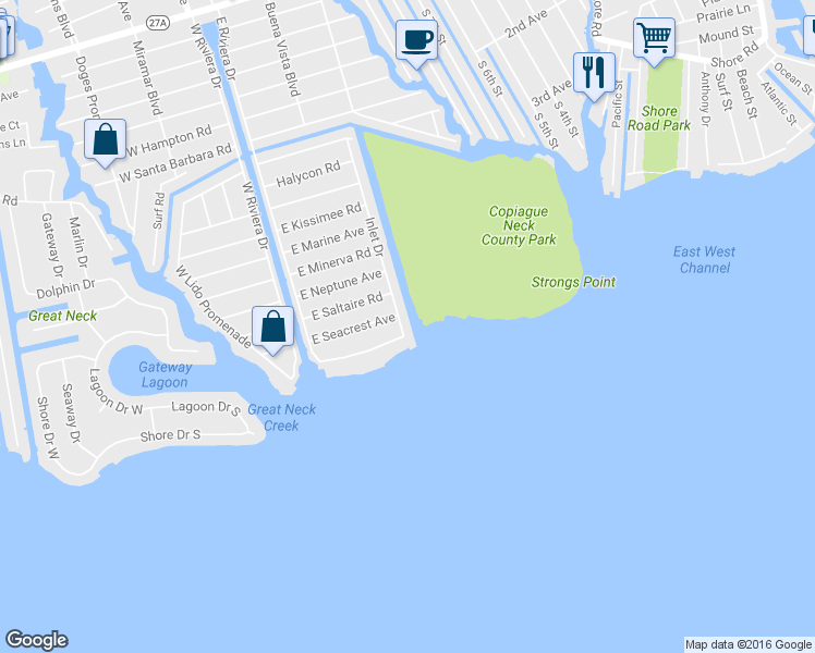 map of restaurants, bars, coffee shops, grocery stores, and more near 207 Inlet Dr in Lindenhurst