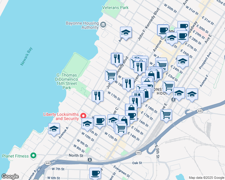 map of restaurants, bars, coffee shops, grocery stores, and more near 94 Andrew Street in Bayonne