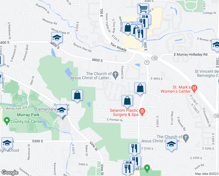 map of restaurants, bars, coffee shops, grocery stores, and more near 745 3 Fountains Circle in Murray