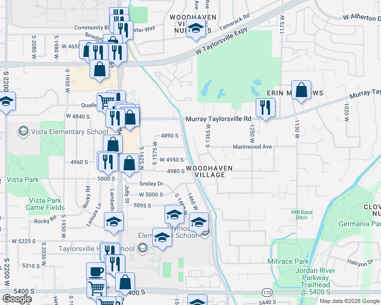map of restaurants, bars, coffee shops, grocery stores, and more near 4880 Pinewood Drive in Taylorsville