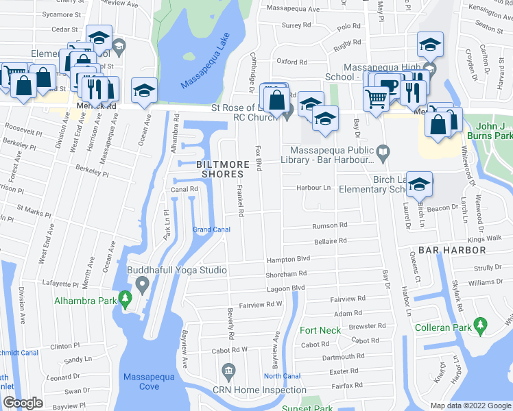 map of restaurants, bars, coffee shops, grocery stores, and more near 71 Fox Boulevard in Massapequa