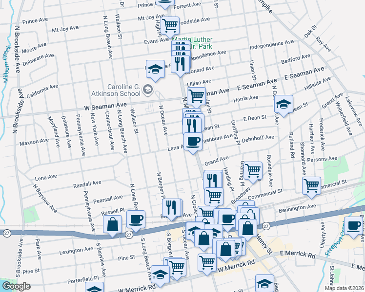map of restaurants, bars, coffee shops, grocery stores, and more near 26 Lena Avenue in Freeport