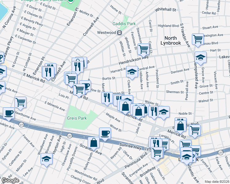 map of restaurants, bars, coffee shops, grocery stores, and more near 44 Taft Avenue in Lynbrook