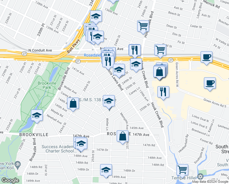 map of restaurants, bars, coffee shops, grocery stores, and more near 141-33 249th Street in Queens