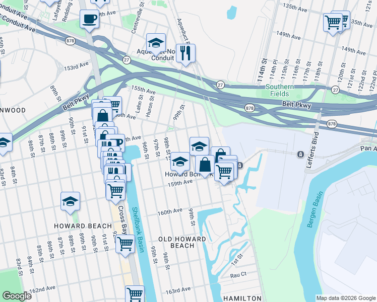 map of restaurants, bars, coffee shops, grocery stores, and more near 99-05 158th Avenue in Queens