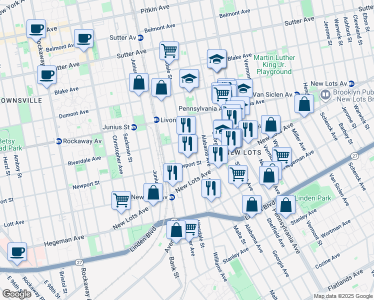 map of restaurants, bars, coffee shops, grocery stores, and more near 560 Williams Avenue in Brooklyn