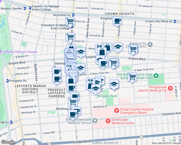 map of restaurants, bars, coffee shops, grocery stores, and more near 473 East New York Avenue in Brooklyn