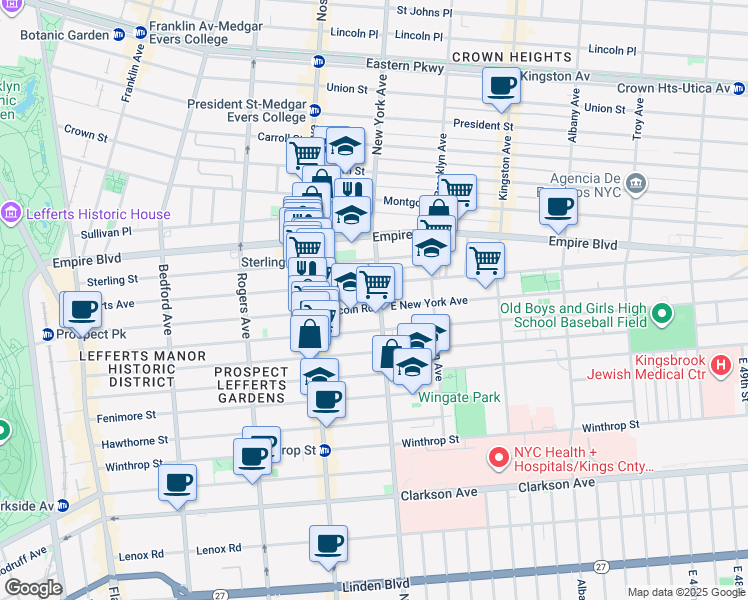 map of restaurants, bars, coffee shops, grocery stores, and more near 429 Lincoln Road in Brooklyn