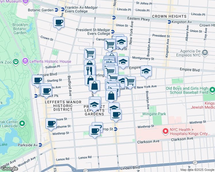 map of restaurants, bars, coffee shops, grocery stores, and more near 1046 Nostrand Avenue in Brooklyn