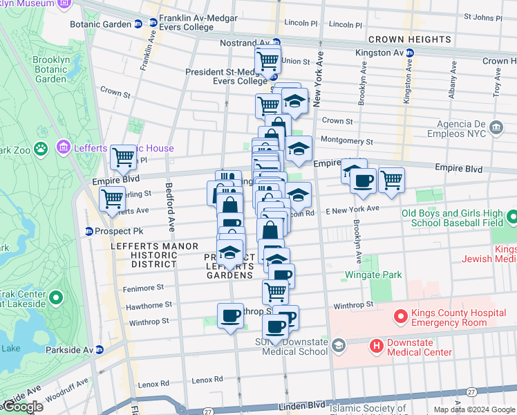 map of restaurants, bars, coffee shops, grocery stores, and more near 1046 Nostrand Avenue in Brooklyn