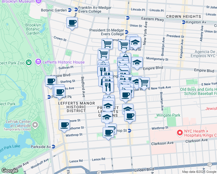map of restaurants, bars, coffee shops, grocery stores, and more near 246 Lefferts Avenue in Brooklyn