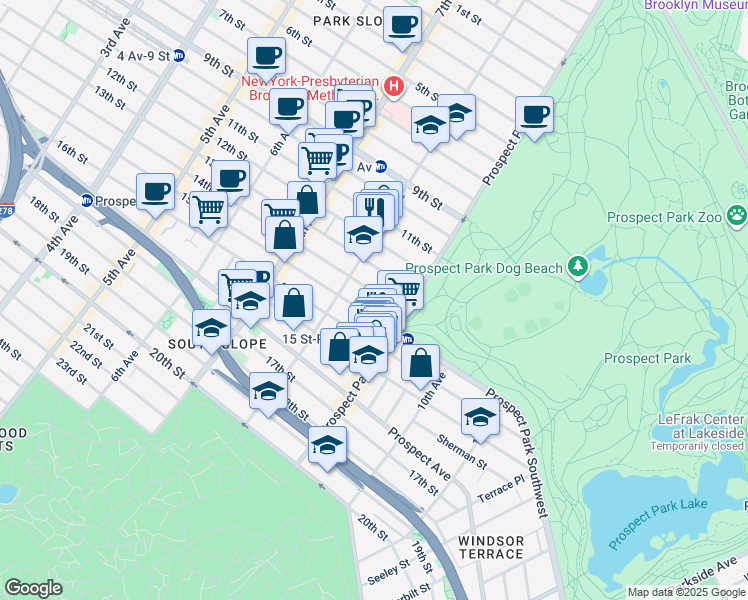 map of restaurants, bars, coffee shops, grocery stores, and more near 481 14th Street in Brooklyn