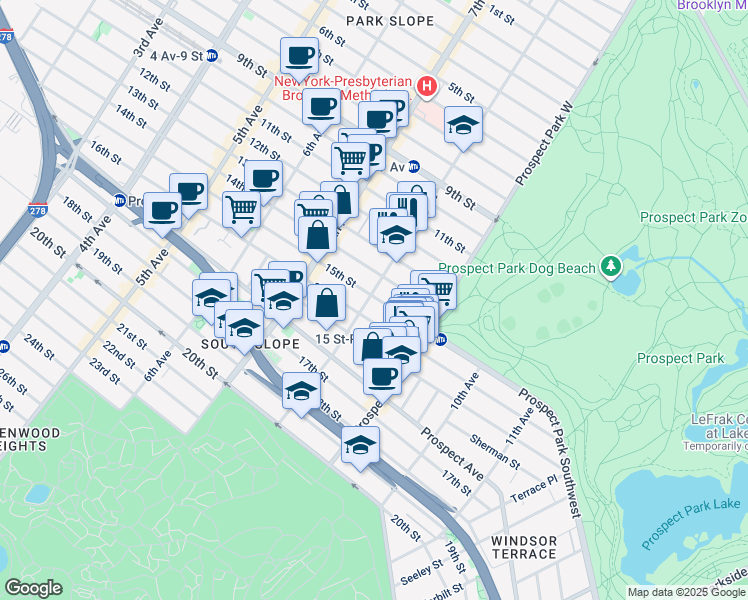 map of restaurants, bars, coffee shops, grocery stores, and more near 423 15th Street in Brooklyn