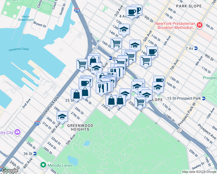 map of restaurants, bars, coffee shops, grocery stores, and more near 696 5th Avenue in Brooklyn