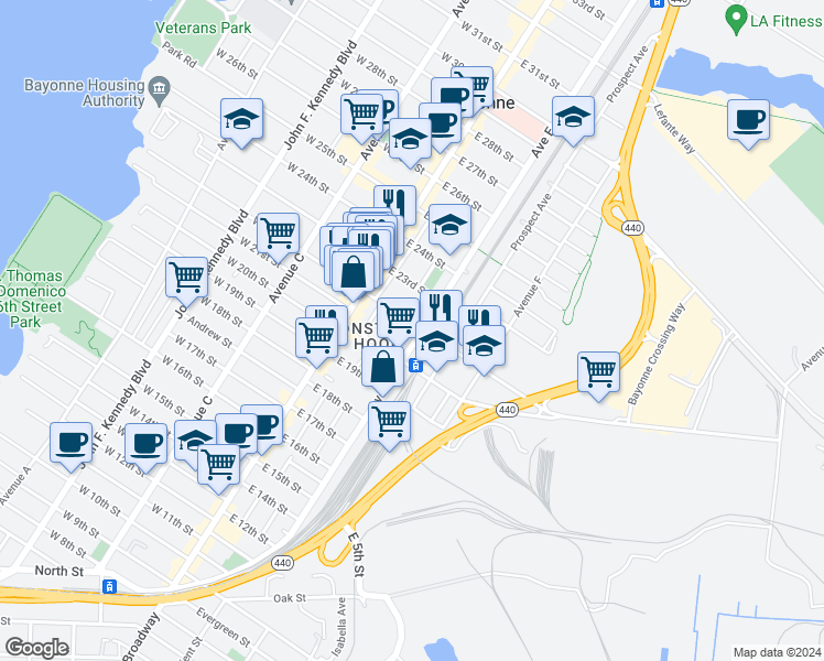 map of restaurants, bars, coffee shops, grocery stores, and more near 250 Avenue E in Bayonne