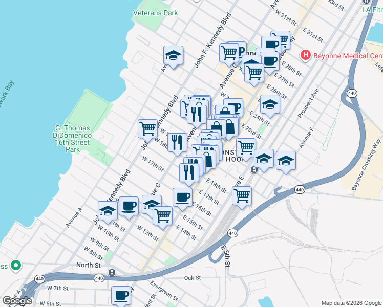 map of restaurants, bars, coffee shops, grocery stores, and more near 45 West 18th Street in Bayonne
