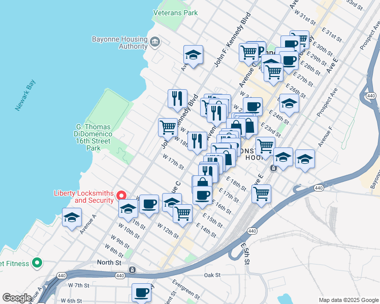 map of restaurants, bars, coffee shops, grocery stores, and more near 66 West 18th Street in Bayonne