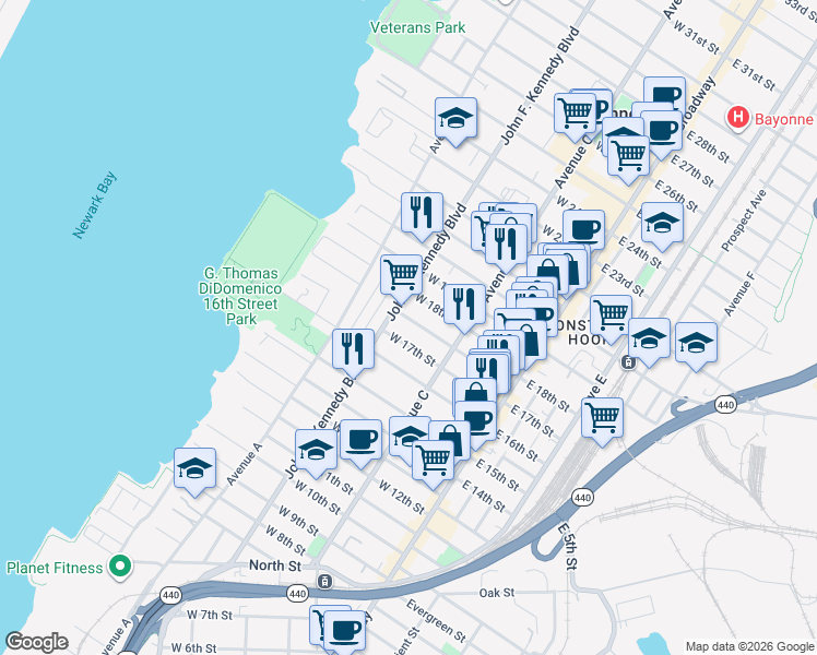 map of restaurants, bars, coffee shops, grocery stores, and more near 94 Andrew Street in Bayonne