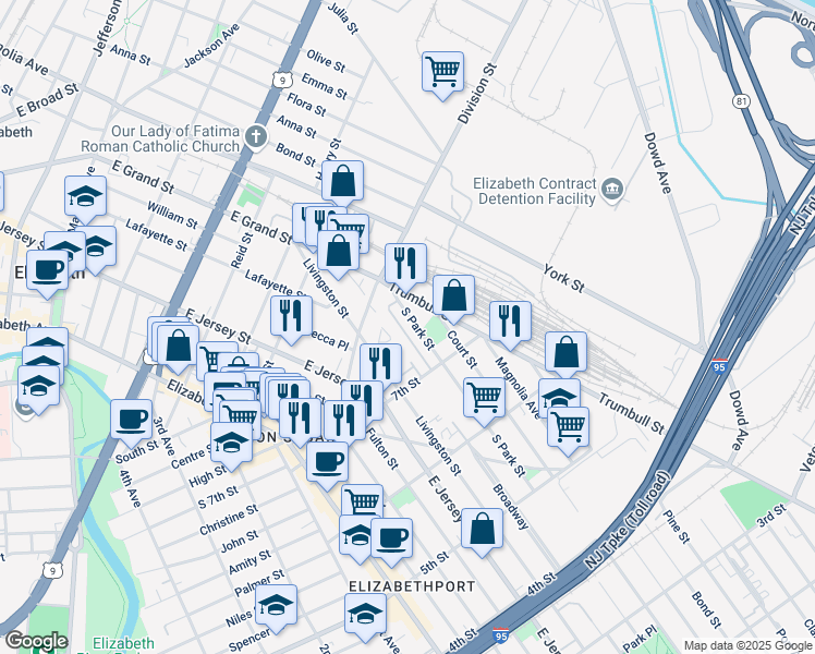 map of restaurants, bars, coffee shops, grocery stores, and more near 739 South Park Street in Elizabeth