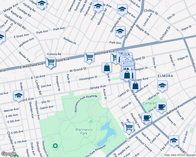 map of restaurants, bars, coffee shops, grocery stores, and more near 828 Pennington Street in Elizabeth