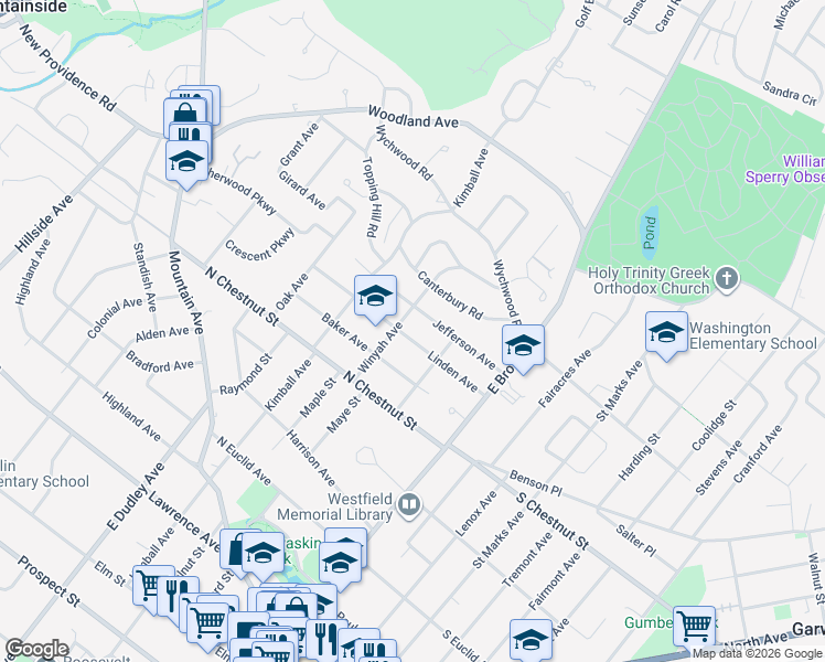 map of restaurants, bars, coffee shops, grocery stores, and more near 215 Jefferson Avenue in Westfield