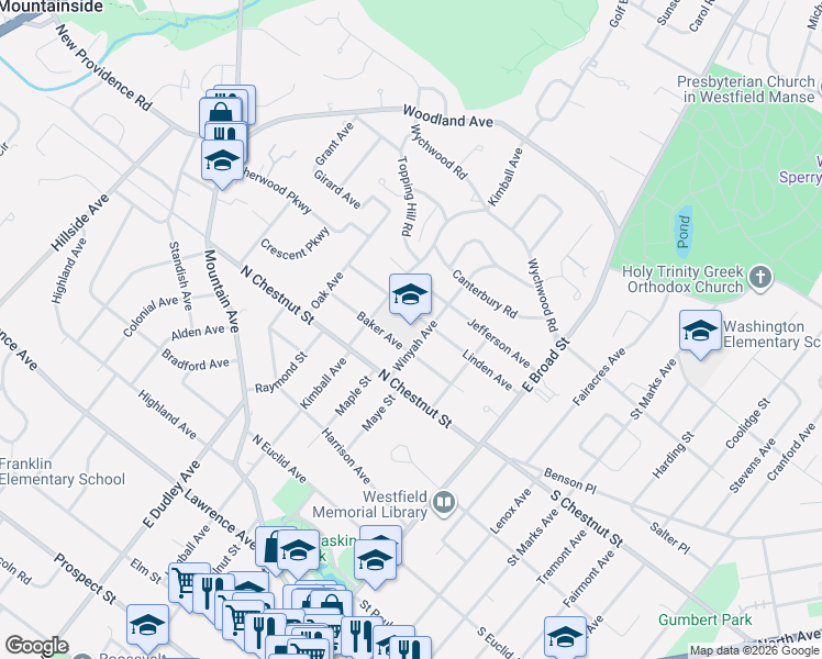 map of restaurants, bars, coffee shops, grocery stores, and more near 233 Linden Avenue in Westfield