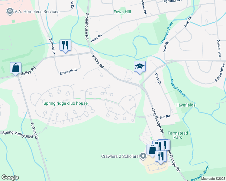 map of restaurants, bars, coffee shops, grocery stores, and more near 3075 Valley Road in Basking Ridge