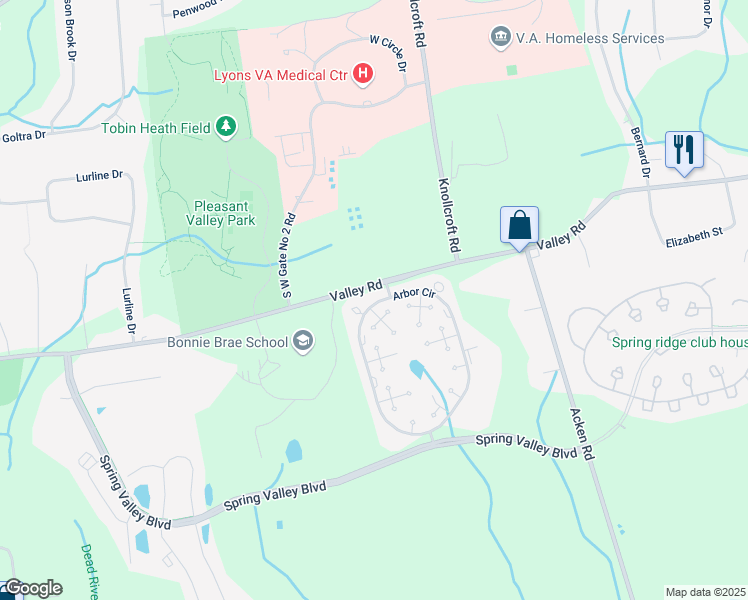 map of restaurants, bars, coffee shops, grocery stores, and more near 7 Arbor Circle in Basking Ridge