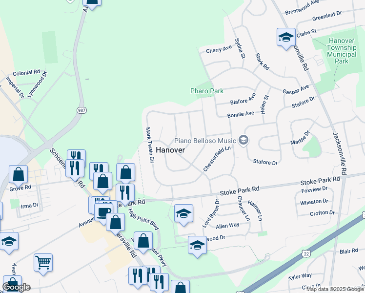 map of restaurants, bars, coffee shops, grocery stores, and more near 3555 Quincy Lane in Bethlehem