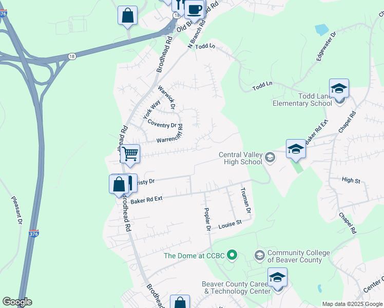map of restaurants, bars, coffee shops, grocery stores, and more near 1374 Lincoln Drive in Monaca