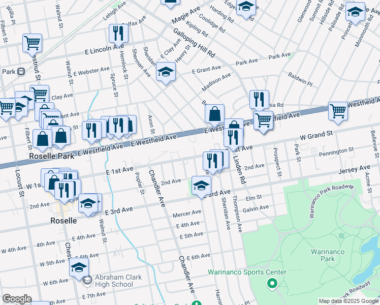 map of restaurants, bars, coffee shops, grocery stores, and more near 513 East 1st Avenue in Roselle