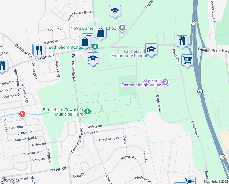 map of restaurants, bars, coffee shops, grocery stores, and more near 4550 Pheasant Run Court in Bethlehem