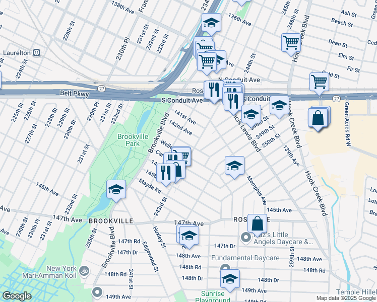 map of restaurants, bars, coffee shops, grocery stores, and more near 143-10 243rd Street in Queens