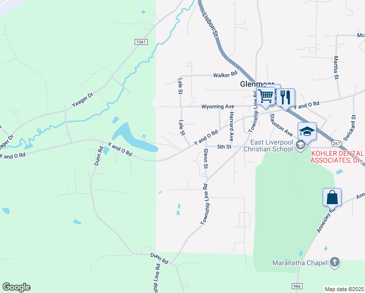 map of restaurants, bars, coffee shops, grocery stores, and more near 46150 Y and O Road in East Liverpool