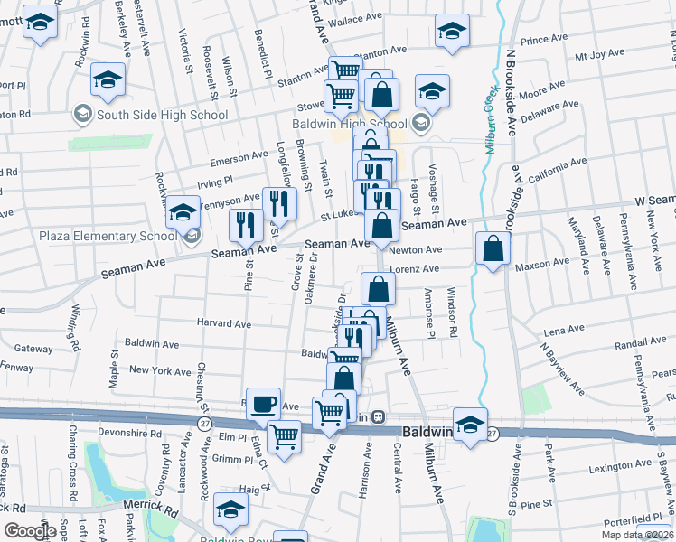 map of restaurants, bars, coffee shops, grocery stores, and more near 1993 Teehan Lane in Baldwin