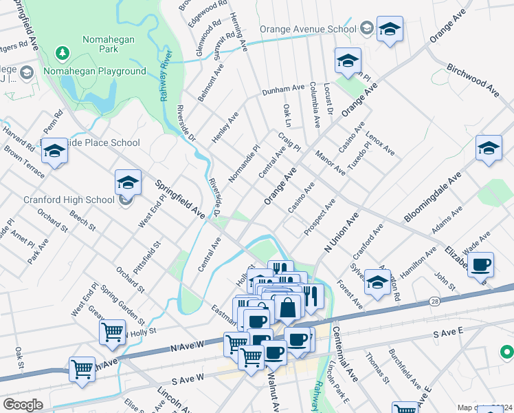 map of restaurants, bars, coffee shops, grocery stores, and more near 109 Orange Avenue in Cranford