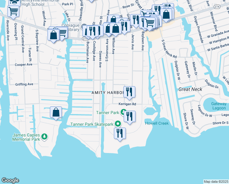 map of restaurants, bars, coffee shops, grocery stores, and more near 62 Wilson Avenue in Amityville