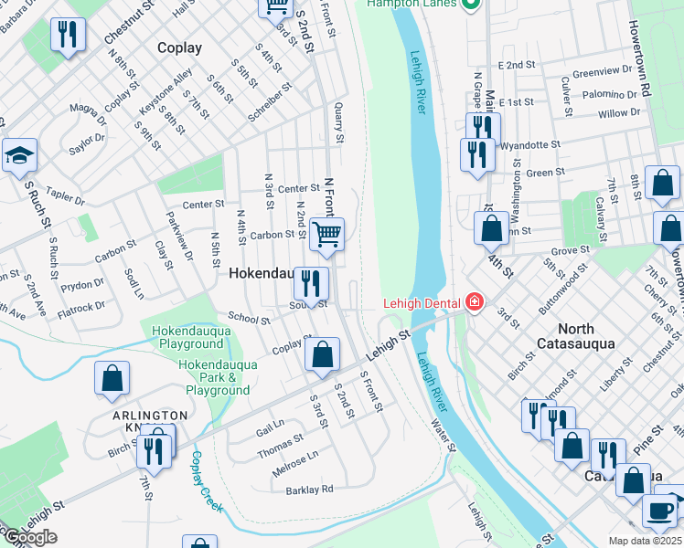 map of restaurants, bars, coffee shops, grocery stores, and more near 3030 North Front Street in Hokendauqua