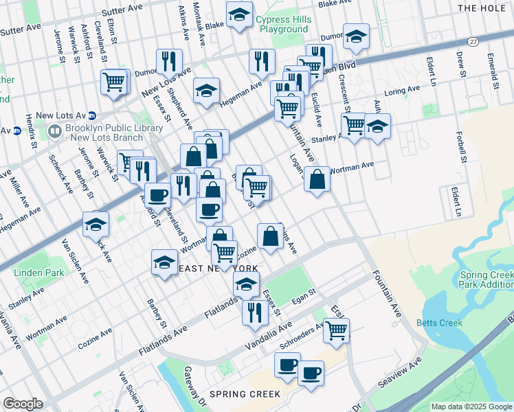 map of restaurants, bars, coffee shops, grocery stores, and more near 553 Wortman Avenue in Brooklyn