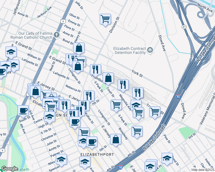 map of restaurants, bars, coffee shops, grocery stores, and more near 720-722 Trumbull Street in Elizabeth