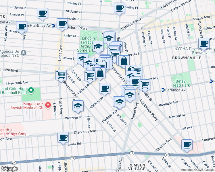 map of restaurants, bars, coffee shops, grocery stores, and more near 154 East 95th Street in Brooklyn