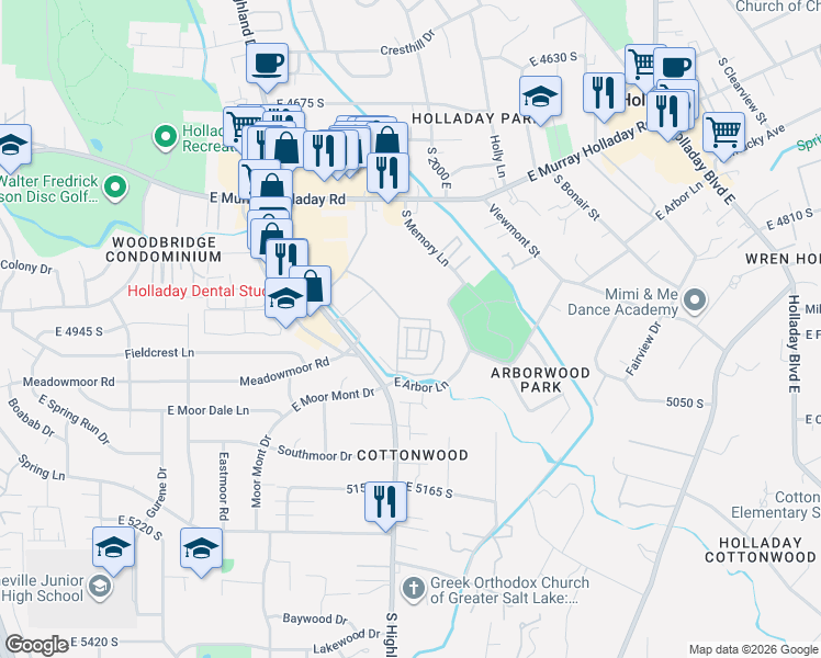 map of restaurants, bars, coffee shops, grocery stores, and more near 4955 Getty Lane in Holladay