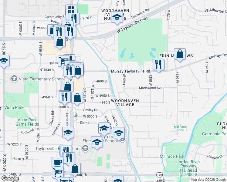 map of restaurants, bars, coffee shops, grocery stores, and more near 4880 Pinewood Drive in Taylorsville