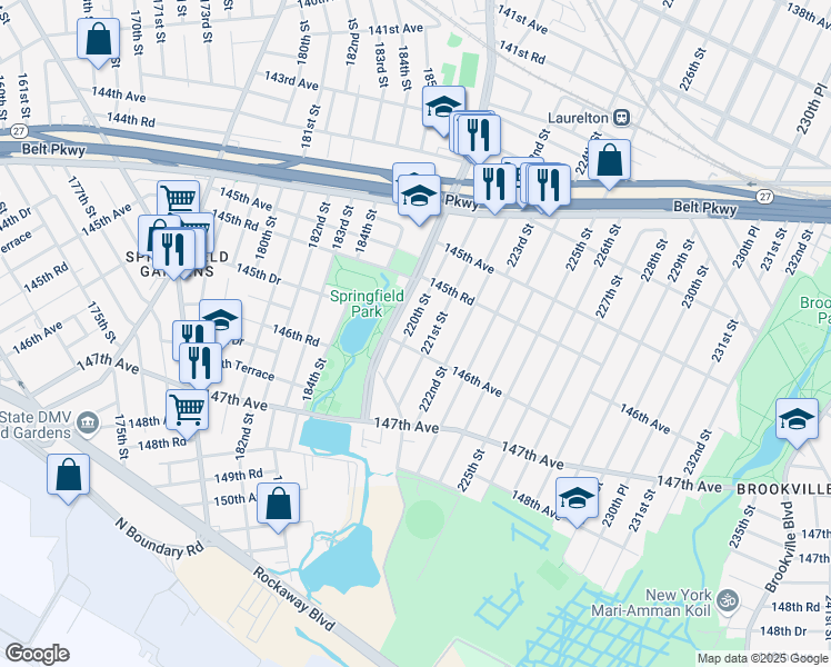 map of restaurants, bars, coffee shops, grocery stores, and more near 145-85 220th Street in Queens