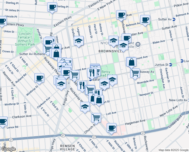 map of restaurants, bars, coffee shops, grocery stores, and more near 767 Saratoga Avenue in Brooklyn