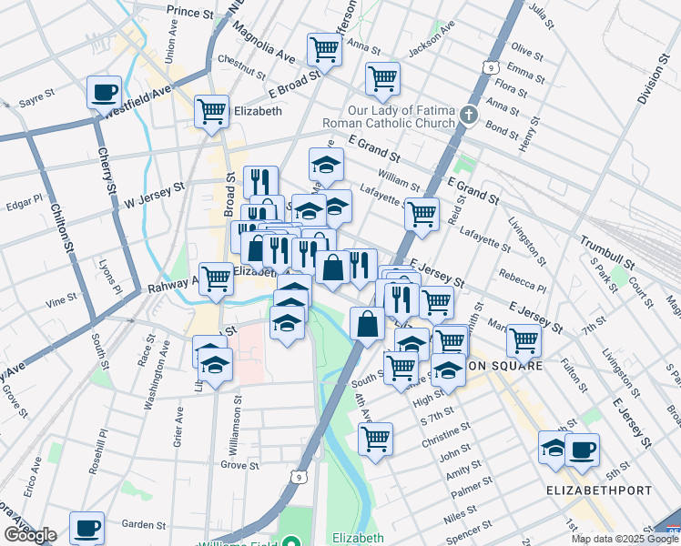 map of restaurants, bars, coffee shops, grocery stores, and more near 18 Catherine Street in Elizabeth