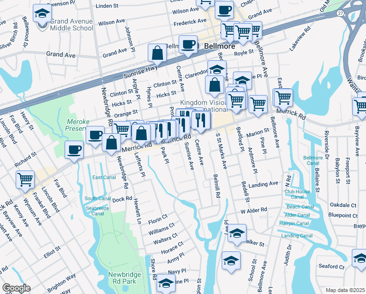 map of restaurants, bars, coffee shops, grocery stores, and more near 704 Sunrise Avenue in Bellmore