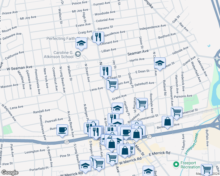 map of restaurants, bars, coffee shops, grocery stores, and more near 150 North Main Street in Freeport