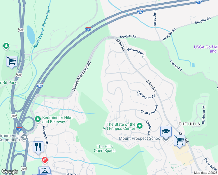 map of restaurants, bars, coffee shops, grocery stores, and more near 90 Autumn Ridge Road in Bedminster