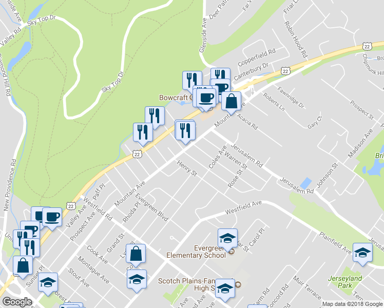 map of restaurants, bars, coffee shops, grocery stores, and more near 313 William Street in Scotch Plains